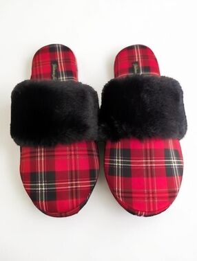 Victoria's Secret Signature Satin Red Black Plaid Slippers Size M